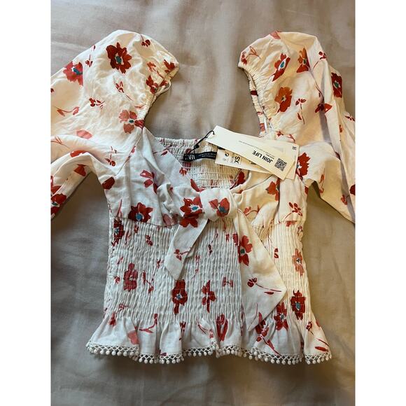 NWT Zara Linen Blend Floral Print Ruched Cream Print Blouse xs - Picture 12 of 12
